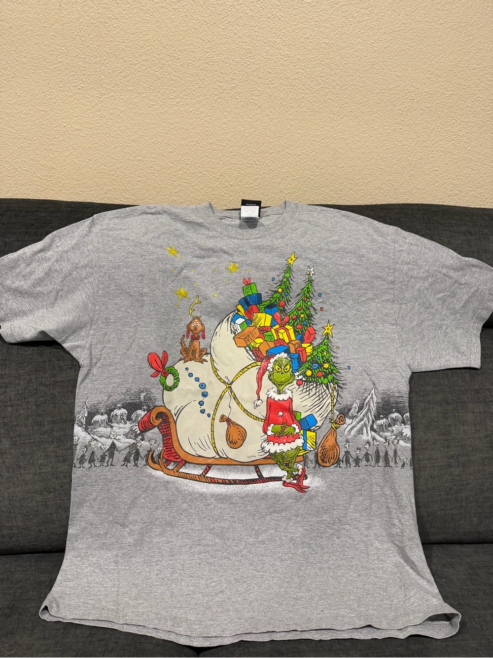 Dr. Seuss Gray Grinch with Colorful Gifts Holiday Tee